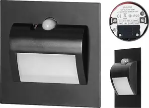 ORNO DRACO LED NEW kāpņu gaismeklis 1,5W iebūvējams 12VDC 30lm 4000K melns ar kustības un krēslas sensoru