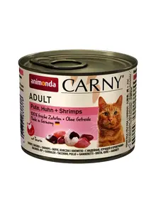 Mitrā kaķu barība Animonda Carny Vistas, Tītara un Garneles — 200 g, pieaugušiem, bez graudiem, bez sojas, kanna ar vieglu atvēršanu