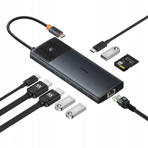 USB-C Hub Baseus Metal Gleam II 10-in-1 — HDMI, USB-A, USB-C, RJ45, SD/TF — gray