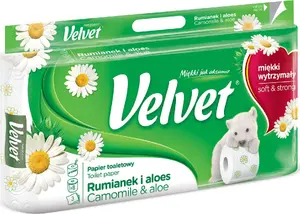 Tualetes papīrs Velvet 3 slāņu Kumelīte un Alveja, 8 ruļļi, balts