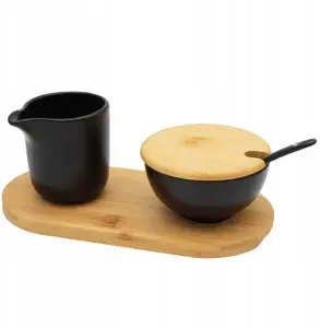 Ceramic sugar bowl and milk jug set on bamboo base Brunbeste BB-4503
