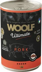 Mitrs suņu barības konservs WOOLF Ultimate, 400 g — cūkgaļa ar linsēklu eļļu