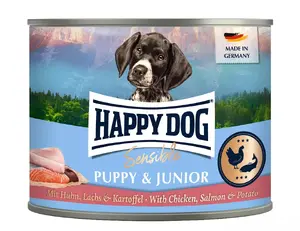 Barība kucēniem Happy Dog Sensible Puppy & Junior — Vistas, Lasis un Kartupeļi, 200 g, skārdene ar vieglu atvēršanu