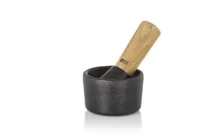 Mortar and Pestle AdHoc CAMO.8, Cast Iron Bowl D8cm H5cm with Acacia Wood Pestle D4.2cm H12.8cm