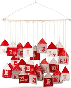 Hanging felt Advent calendar Vilde on a stick, red, 70 x 60 cm
