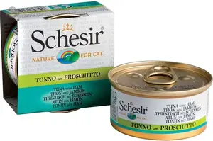 Wet Cat Food Schesir 70 g — tuna with ham, single-serve can