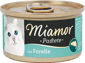 Kaķu mērcveida barība Miamor Pastete Forelle 85 g — pieaugušajiem, forele, bez graudiem, bez sojas, kārbiņa ar vieglu atvēršanu