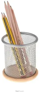 Desk organizer cup NET silver with wood accents — pen holder accessory