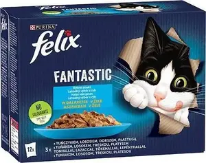 Mitrs kaķu barība Nestle Fantastic zivju garšas želejā 12 x 85 g maisiņi