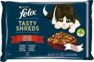 Mitrs kaķu barības maisījums Felix Tasty Shreds 4x80g — liellopa un vistas gaļa mērcē