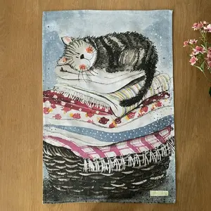Kitchen towel TEKA TT08 'Cat on laundry basket' – decorative cotton tea towel