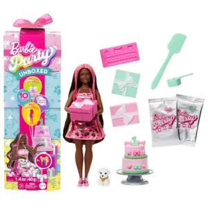 BARBIE modeļlelle Shimmerin’ Hearts Pet Birthday komplekts ar 10 pārsteigumiem — 138 mm, audums un plastmasa, daudzkrāsaina