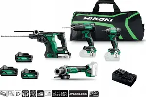 Cordless power tool kit Hikoki KC18DEWHZ — 18V set with drill driver DS18DE, impact driver WH18DC, angle grinder G18DBL, rotary hammer DH18DBL, 3×5.0Ah batteries, bag