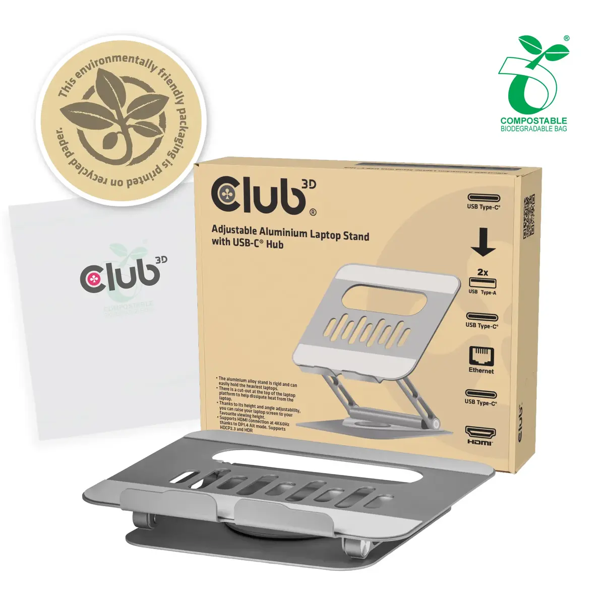 CLUB3D Adjustable Aluminium Laptop Stand with USB-C Hub Photo 10