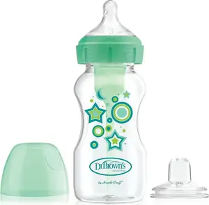 Barošanas komplekts DRBROWNS WB91606 — plata kakla pudele 270 ml, Options+ zaļa apdare, knupītis 6m+, spiediena mēlīte ar nepilēšanas vārstu