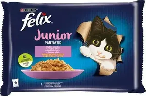 Влажный корм для котят паучи Nestle FELIX Fantastic Junior — 4 x 85 г (курица, лосось) в желе