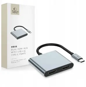 Адаптер USB-C Tech-Protect HB08 HUB 4-в-1 с USB-A 2.0 и 2×HDMI 4K 60Hz — Space Grey