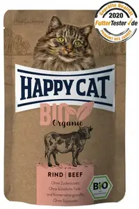 Kaķu barība Happy Cat Organic Beef maisiņš 85 g — pieaugušiem kaķiem, bez graudiem, liellopu gaļa