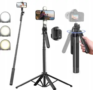 Selfie stick Hurtel WH181D-Y1S teleskopiskais statīvs 1,75 m no alumīnija sakausējuma ar dubulto gaismu un telefona turētāju - melns