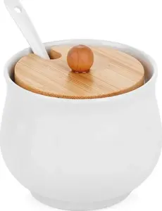 Ceramic Sugar Bowl with Spoon Vilde 139684 — white, ceramic sugar container with lid and spoon