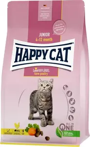 Сухой корм для котят happy cat Junior Farm Poultry, для 4–12 мес., с птицей, 4 кг