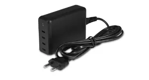 Mājas lādētājs MANHATTAN 25673 — iekšējais AC universālais ātrlādētājs, 4× USB‑C, 100–240 V, 1,8 m, melns