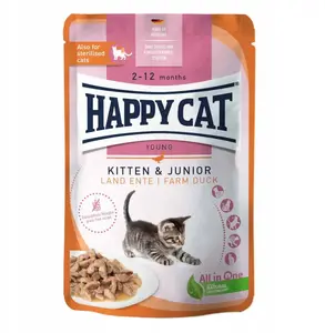 Mitrā kaķu barība happy cat Kitten & Junior Farm Duck, kaķēniem 2–12 mēn., 85 g maisiņš