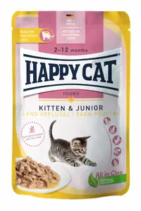 Mitrs kaķu barības happy cat 70745, 85 g paciņa, bez graudiem, gaļas formula kaķēniem