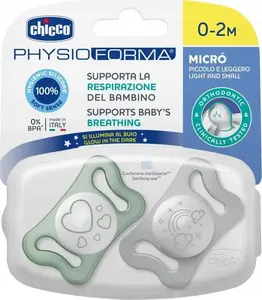 Pacifier CHICCO Physio Micro silicone glow 0–2 months, 2 pcs