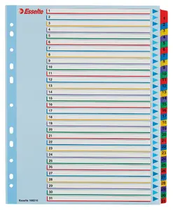 Index tabs ESSELTE 1–31 Re-writable Mylar A4+ numeric cardboard multicolour 245×297 mm, 31 pcs