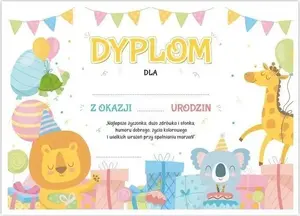 Apsveikumu kartīšu komplekts LearnHow Dyplom A4 dzimšanas dienai — 5 loksnes, ar dzīvnieku ilustrācijām