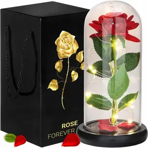 Decorative illuminated eternal red rose, Springos LXUM9, decorative LED-lit preserved flower