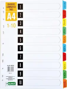 Cardboard A4 Divider Sheets D.Rect laminated 1–10 index, pack for filing and document separation