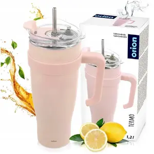 Travel thermal mug BANQUET 112283 stainless 1200 ml with handle and straw, pink