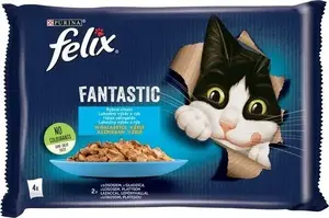 Mitrs kaķu barības maisījums maisiņos Nestle FELIX 4×85 g — zivju garšas želejā (lasis ar cukīni, forele ar zaļajām pupiņām)