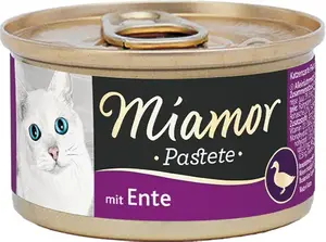 Miamor kaķu paštete Pīle 85 g — pieaugušiem, mitrais pilnvērtīgais barība, bez graudiem un sojas, ar viegli atveramu bundžu