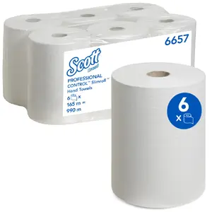 Papīra dvieļu ruļlis Kimberly‑Clark SCOTT 6657 — balts, 165 m, platums 60 mm, serdenes diametrs 3,8 mm
