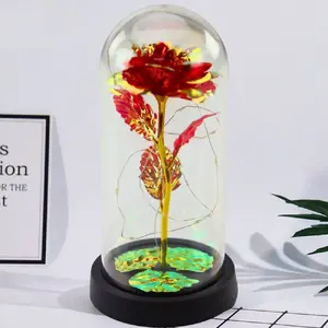 Decorative LED-illuminated crystal rose in dome, Lean model 21333 — red, 21×11 cm