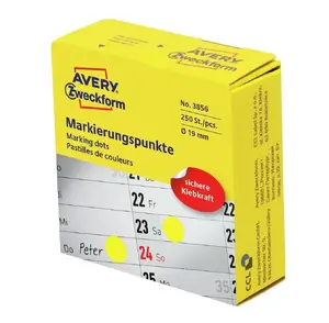 Pašlīmējoša apaļa uzlīme Avery Zweckform 3856 — dzeltena, pastāvīgā līme, Ø 1,9 cm, 250 gab.