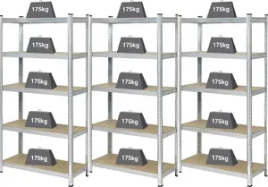 Storage shelving Basetech 2142910 for heavy items set of 3, load capacity 175 kg, dimensions 900×1800×400 mm, galvanized metal frame, MDF shelves, silver