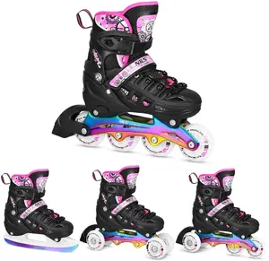 Roller skates Nils Extreme NH10905 4-in-1 pink LED with interchangeable hockey frame size L (39–42)