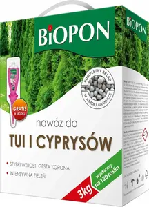 Mēslojums BIOPON tujām un cipresēm 3 kg — granulēts mēslojums skujkokiem