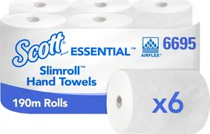 Papīra dvieļu rullīši Kimberly-Clark Scott Slimroll, balti, 6 ruļļi, kopā 190 m