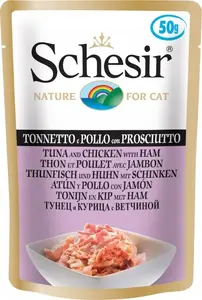 Mitrā kaķu barība Schesir Single Dish Tuncis ar vistu un šķiņķi 50 g