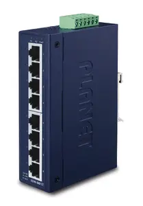 Nevadāms L2 Fast Ethernet komutators PLANET ISW-801T — 8×10/100 RJ-45 porti, 1.6 Gbit/s, MAC 1024, sienas stiprinājums, zils