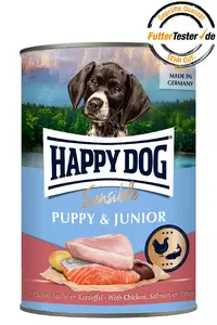 Konservēts barības produkts suņiem Happy Dog Sensible Puppy & Junior — vistas, lasis un kartupelis, 400 g, ar vieglu atvēršanu