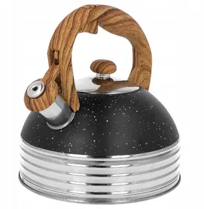 Stainless Steel Whistling Kettle for Induction Brunbeste BB-2476, 2.5 L, Black Marble, Wooden Handle