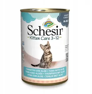 Mitrs barības produkts kaķēniem Schesir Kitten Care 3-12 — tuncis ar alveju, 140 g kanna
