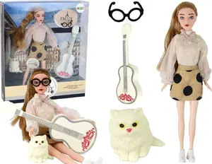 Lelle LEANToys Emily ar ģitāru, gari blonda mati, brilles, kaķēns