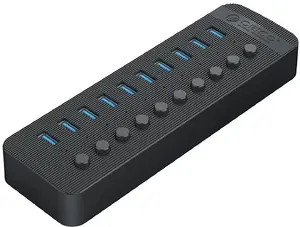 USB hub ORICO CT2U3-10AB ar 10 USB-A portiem un atsevišķiem slēdžiem — melns